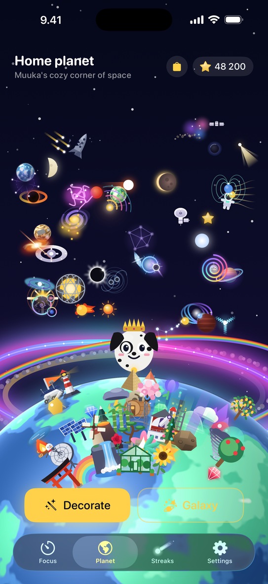 A decorated planet, with Muuka standing on it as a dalmatian in a gold crown