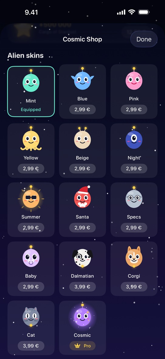 The shop's alien skins shelf, with their prices