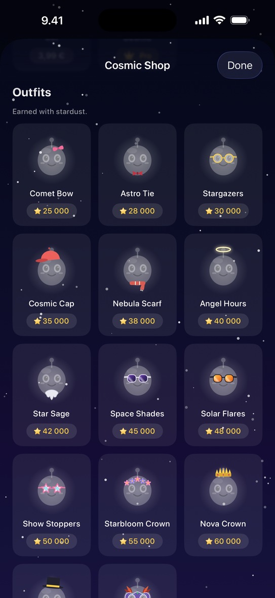 The shop's outfits shelf, bought with stardust rather than money