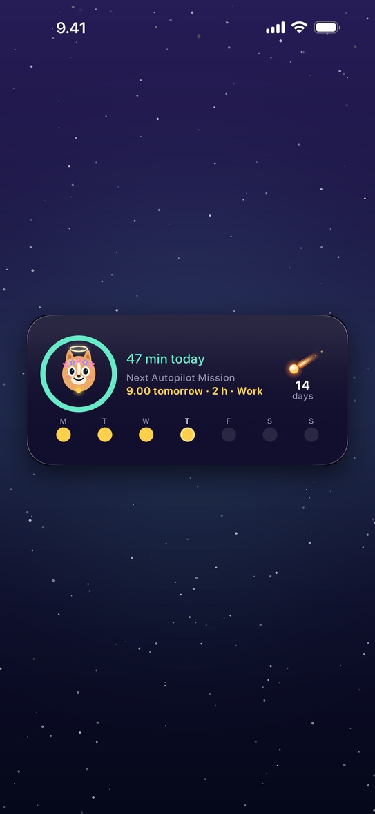 The medium Home Screen widget: today's minutes, this week's days, and the next Autopilot Mission